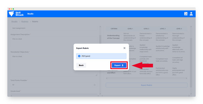 export rubric button 1