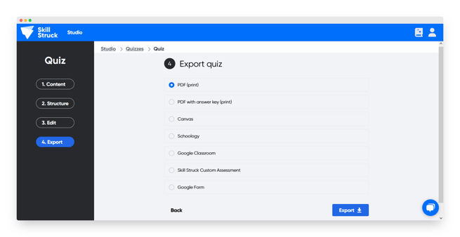 quiz export options 1