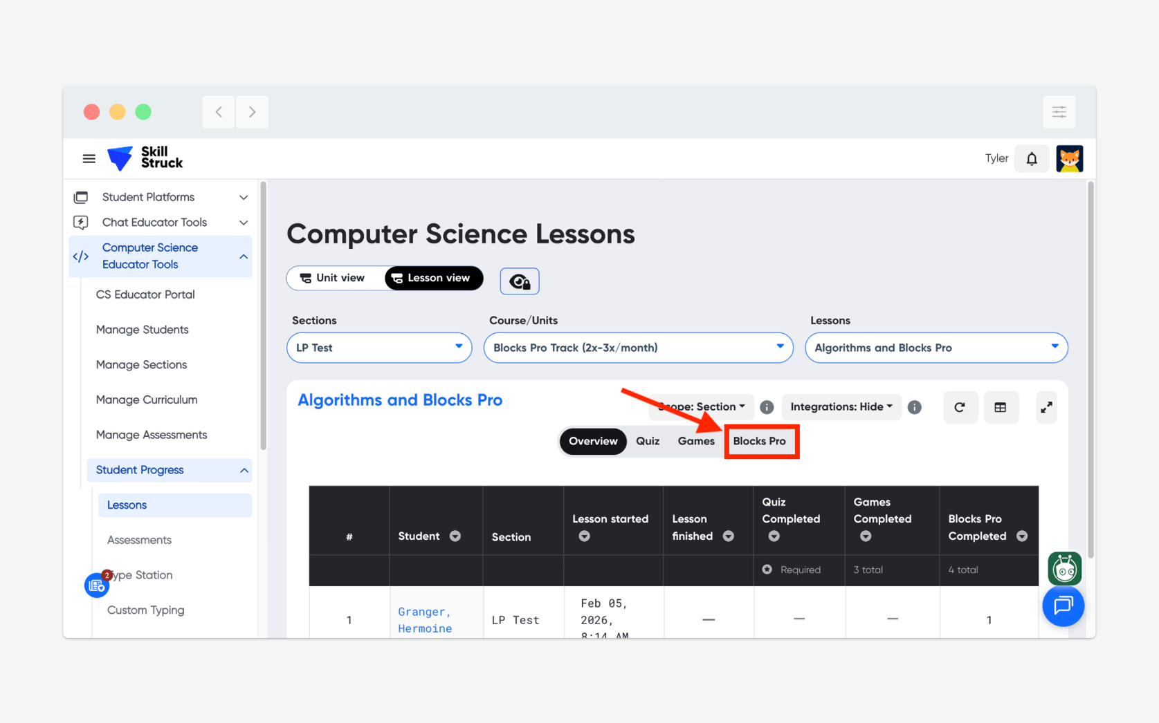 Viewing student Blocks Pro and Robotics code in Student Progress